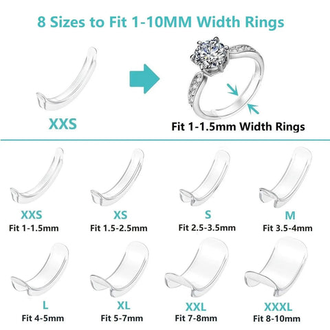 Silicone Ring Size Adjuster Kit Clip On No Show Fit For Loose Rings Sizer Guard Spacer Helps You Shrink Ring Size For Any Ring Type And Prevent Slips 8 Pack, showing 8 size options from XXS to XXXL for rings 1-10mm wide.