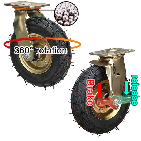 Built Tough Heavy Duty Pneumatic Caster Wheels With Easy Flip Side Brake Double Ball Bearings For Sweet Silent Rolling On Utility Carts Swivel Industrial Casters Stainless Steel Bolts No Drama Install