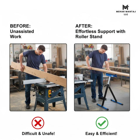 Comparison showing woodwork before and after using Heavy Duty Folding Roller Stand With Adjustable Steel Support Smooth Roller Anti Slip Base And 60kg Load Capacity Portable Foldable Pro Grade Work Stand For Woodworking Sawing DIY Projects And Garage Use