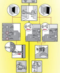 Milescraft CabinetMate 1316 shelf pin drilling jig; front infographic showing concealed hinge templates (26mm/35mm)