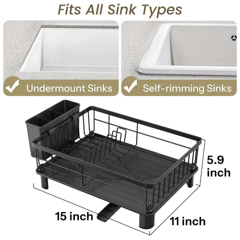 Space Saving Dish Rack For Small Kitchens With Utensil Holder And Drainboard, Angled Drainer In Stainless Steel Dimensions