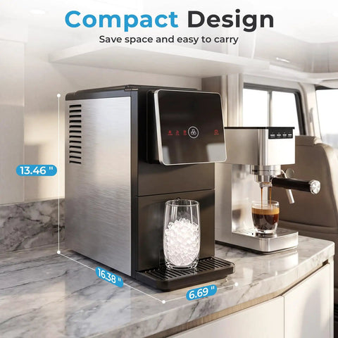Slick Countertop Nugget Ice Maker With Self Dispensing Tray Drops Thirty Three Pounds Of Fresh Chewy Ice Daily Ready In Ten Minutes on kitchen counter.