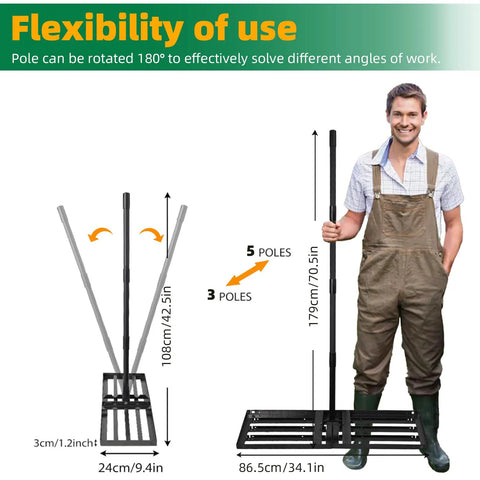 Beast Pro Grade Lawn Leveling Rake showing adjustable handle, 34.1x9.4 inch head, and flexibility in use for various yard tasks.