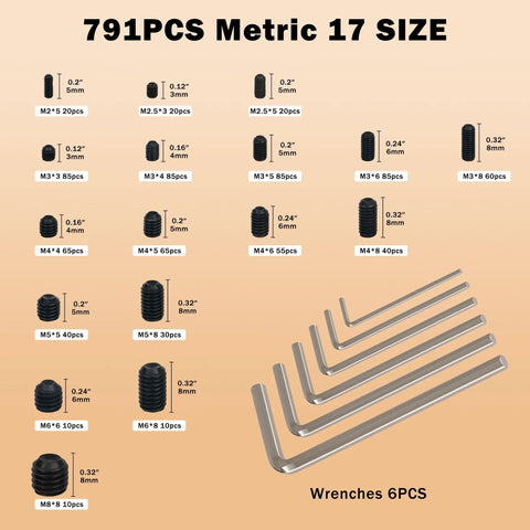 Heavy Duty 791 Piece Set Screw Kit With 17 Metric Sizes M2, M2.5, M3, M4, M5, M6, M8 In 12.9 Alloy Steel Black Grub Screws With Internal Hex Drive Cup Point