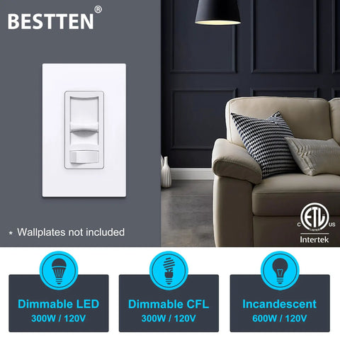 Ultra Slim Dimmable Light Switch Six Pack For LED CFL Halogen And Incandescent Bulbs Single Pole Or 3 Way ETL Listed White