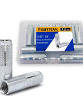 Heavy Duty 12 Pack Knurled Drop In Anchors for Solid Concrete Three Eighths Inch Sixteen Thread Carbon Steel Internal Forced Expansion Bolts with Silver Zinc Coat Ferrtitan Ideal For Contractors, close-up of packaging and anchor detail.