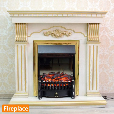 Fireplace with molding and wall trim with gold metalized mirror like finish, peel and stick stainless steel self adhesive strip
