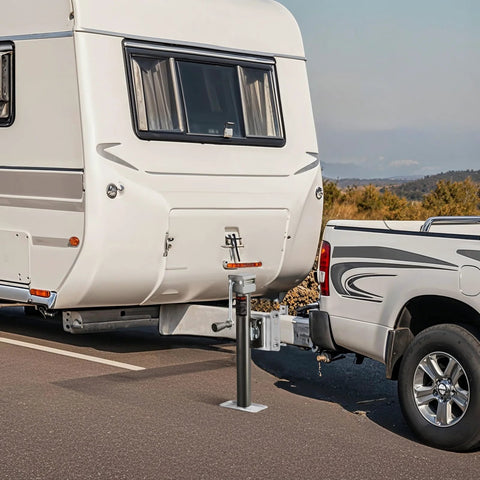 Front view: trailer tongue jack mounted to RV hitch, bolt-on, with crank handle and ground base
