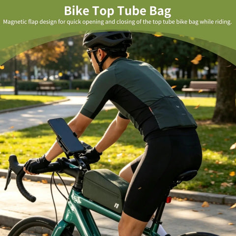Cyclist riding with Bolt-On Top Tube Bike Bag With Magnetic Flap For Quick Access During Rides, Front Frame Storage Pouch in park.