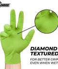 Front view of 1st Choice lime-green disposable glove with diamond-textured grip; inset close-up of texture.