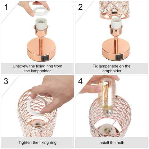 Assembly steps for Rose Gold Crystal Table Lamp With 3 Way Dimmable Touch Control And USB C And USB A Ports, Bulb Included
