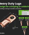 Diagram showing heavy duty lugs for 8 Gauge CCA Ground Wiring Kit 25 Ft Each Red And Black Jacket with dimensions and crimping details.