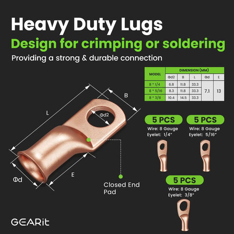 Diagram showing heavy duty lugs for 8 Gauge CCA Ground Wiring Kit 25 Ft Each Red And Black Jacket with dimensions and crimping details.
