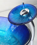 Slick Blue Countertop Bathroom Vessel Sink With Waterfall Faucet Round Glass Vessel Sink Combo Above Counter Design