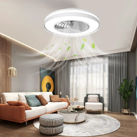 Bladeless 20 Inch Ceiling Fan With Lights Remote Control Dimmable Lighting Semi Flush Mount Enclosed Design Matte White in living room