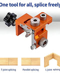Double Hole Punch Locator And Adjustable Drill Positioning Jig With 12mm Eccentric Nut for precise woodworking, orange aluminum build.