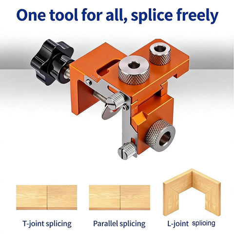 Double Hole Punch Locator And Adjustable Drill Positioning Jig With 12mm Eccentric Nut for precise woodworking, orange aluminum build.