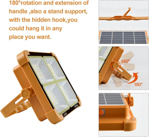 Solar Powered Work Light With 100W LED, 16500mAh Battery, 10000 Lumens, showing adjustable stand and solar panel
