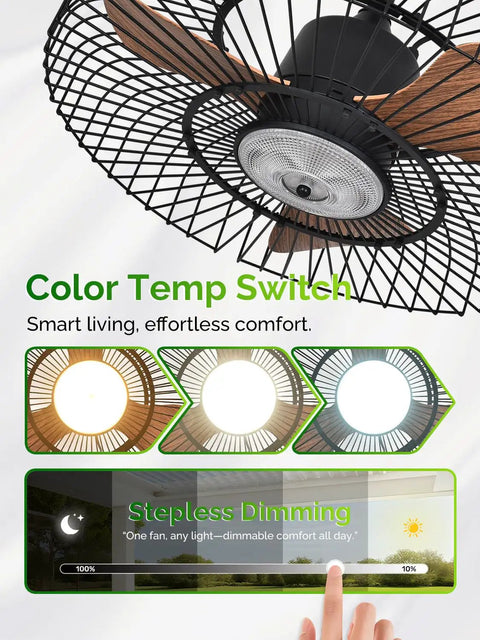 Outdoor 24 Inch Weatherproof Ceiling Fan With Lights For Patio Remote And App Control 3 CCT Dimmable Display