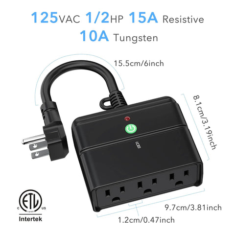 Plug And Play Weatherproof Outdoor Indoor Wireless Remote Control Outlet Kit With Three Grounded Outlets Heavy Duty 15 Amp Power Strip Compact Black Body Six Inch Cord Remote Included One Hundred Foot Range ETL Listed