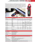 UT210D Mini Clamp Meter For AC/DC Current Testing displayed with specifications and usage demonstration in a panel