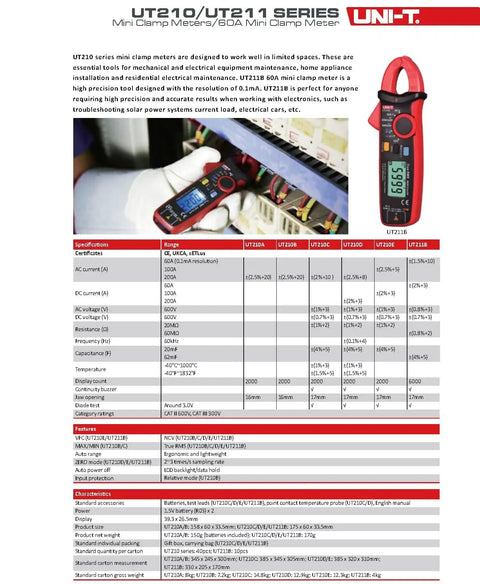 UT210D Mini Clamp Meter For AC/DC Current Testing displayed with specifications and usage demonstration in a panel