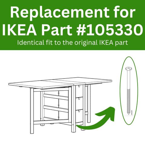 Replacement for IKEA Part #105330 visual guide showing screw fit for tables and daybeds, ensuring identical compatibility.