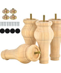 6 Inch Wooden Furniture Legs Bun Feet Set Of 4 With M8 Bolt Recessed Mounting, Unfinished Replacement Legs, Screws, and Mounting Kits