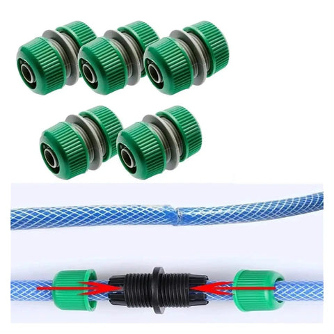 Top Tier Five Piece Quick Connect Hose Kit For Garden Drip Irrigation And Pipe Repair, Includes Plastic Adapter Fittings To Fix Leaks And Extend Water Flow Smoothly Without Tools Or Hassle. 5-piece green plastic hose connectors, one hose repair joint shown.