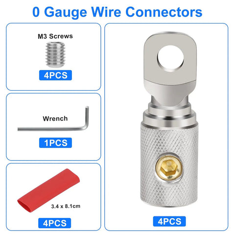 Beefy 0 Gauge Wire Terminal Connectors Kit with 1/0 AWG Car Battery Cable Butt Connectors, showing components and wrench.