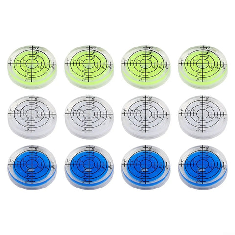 Round Bubble Level 32mm 12 Pack Circular for spirit Levels for acrylic in vibrant colors showing measurement markings.