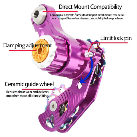 Close-up of a purple Single Speed Chain Tensioner Kit For Hardtail MTB BMX DJ And Folding Bikes with 11T Ceramic Guide Pulley