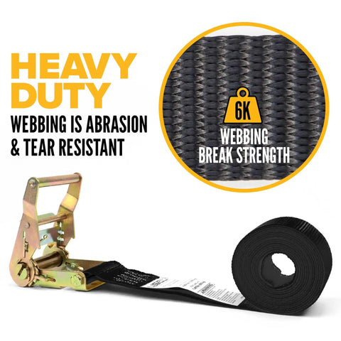 4 Pack Hookless Endless Loop Ratchet Straps 2 Inch By 10 Foot Heavy Duty Polyester Webbing with durable zinc-coated ratchet handle.
