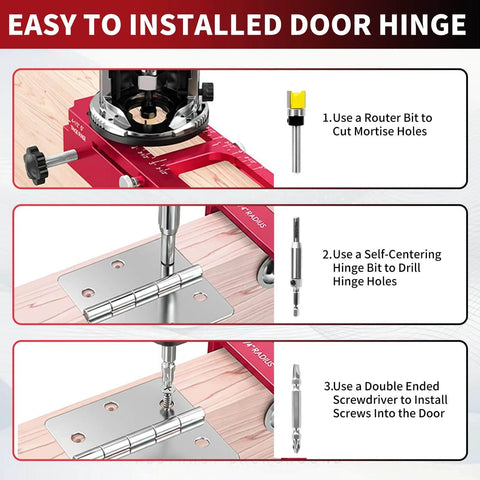 Durable Aluminum Door Hinge Jig Router Template Kit with Adjustable Mortise from Guhiwuk in use for door hinge installation.