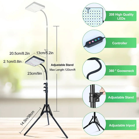 Bright 25W Grow Light With Stand For Indoor Tall Plants And Bonsai showing dimensions and features