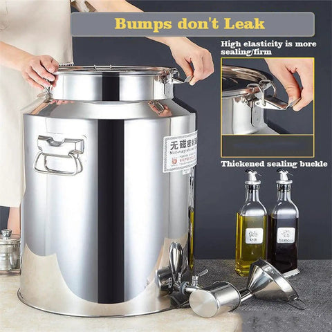 Premium Quality Heavy Gauge Stainless Steel Milk Jug And Oil Tote With No Sweat Cleaning And Rock Solid Seal 76 Liter seen from side with secure lid.