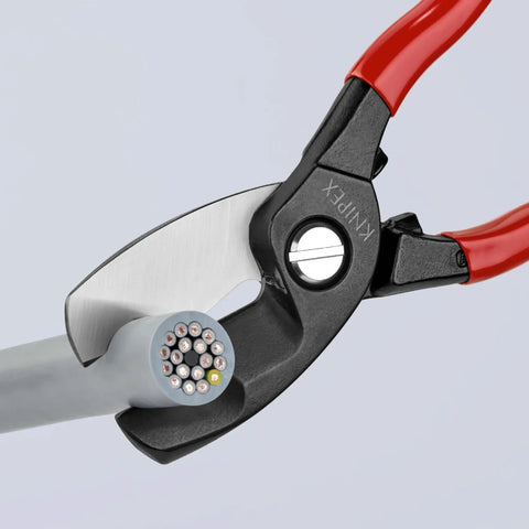 Cable Shears With Twin Cutting Edge, 8 Inch, cutting through a cable, precision tool shown in close-up, durable and ergonomic design