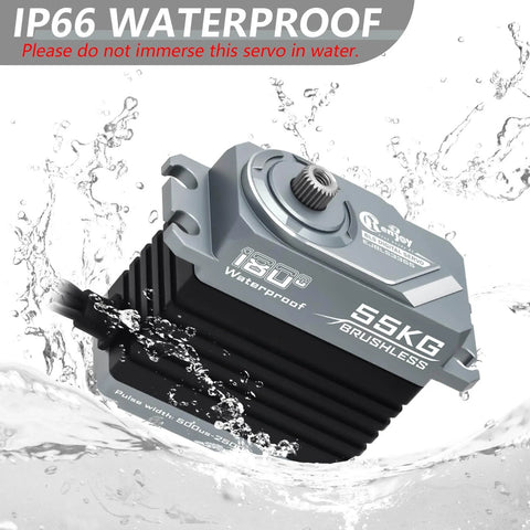55KG Brushless Servo With Full Metal Build And Magnetic Encoder IP66 waterproof feature in water splash illustration