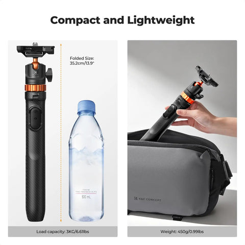 62 Inch Phone Selfie Stick Tripod With 2 In 1 Extendable Pole Bluetooth Remote And 360 Degree Ball Head comparing size to bottle