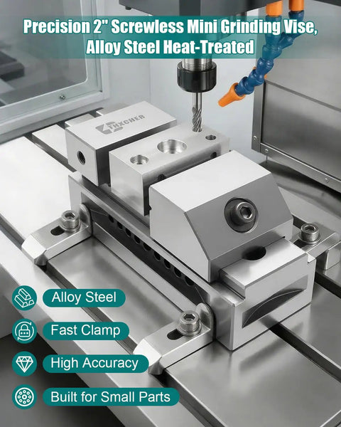 Precision Screwless Mini Grinding Vise With Alloy Steel Insert Pro Grade Machined Vise Built For Tight Squareness Rugged Wear Resistance And Quick Clamp For Small Parts And Detailed Shop Work, 2-inch alloy steel vise on CNC table