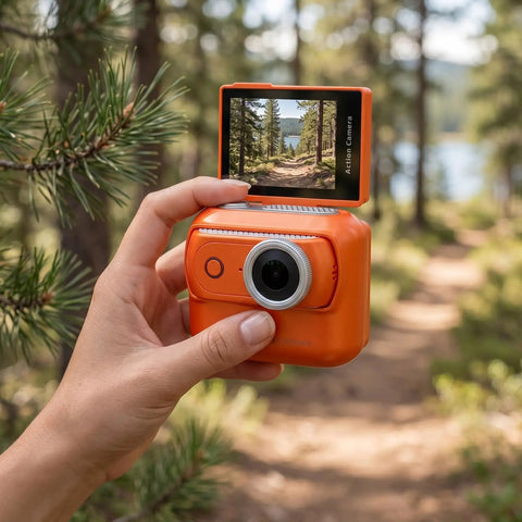 Hand holding 4K Magnetic Action Camera With 48MP Sensor Dual Battery System 2.0 Inch Flip Touch Screen EIS Stabilization in orange