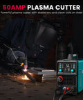 Person using Dual Voltage 110 To 220V Pilot Arc Plasma Cutter Beast Mode With 50A Power on metal with LED display visible