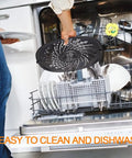 Person placing Nonstick Air Fryer Crisper Pan Replacement Tray For 7 Qt Fryers in dishwasher, emphasizing easy clean feature.