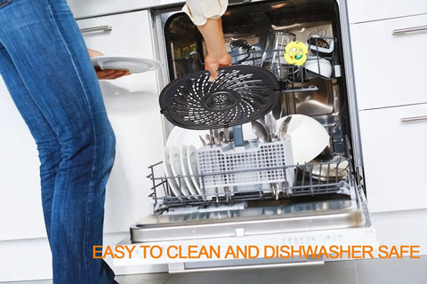 Person placing Nonstick Air Fryer Crisper Pan Replacement Tray For 7 Qt Fryers in dishwasher, emphasizing easy clean feature.