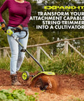 Person using Universal Tiller Attachment For String Trimmer 8 Inch Cultivator With 4 Steel Tines in garden