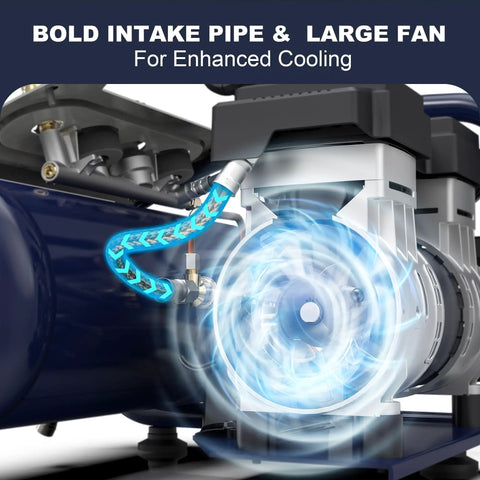 Pro Level 2 Gallon Air Compressor With 3/4 Hp Oil Free Pump showing bold intake pipe and large fan for enhanced cooling.