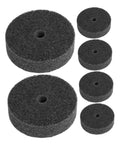 Nylon Polishing Wheels Set Six Pieces 10mm Hole For Metal Buffing Car Detailing Stone Finishing And Grinding Machines To Make Everything Shine Real Nice, showing various sizes of black polishing wheels with central holes.