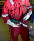 Heavy Duty Variable Speed Die Grinder With Badass High Torque Planetary Gears And Easy Swap Spindle Lock For Rock Solid Metalworking and Finishing Jobs Featuring Smooth Nine Hundred Fifty Watt Motor in use on metal pipe.