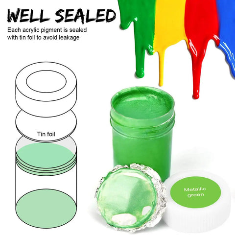 Top Notch Acrylic Paint Set With 31 Rich Colors And 10 Brushes For Canvas, Wood And Crafts, sealed metallic green paint jar