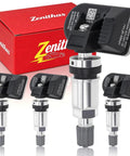 Top Shelf 433MHZ TPMS Sensor Kit Four Pack Pre Programmed Tire Pressure Monitoring System with sensors and packaging.